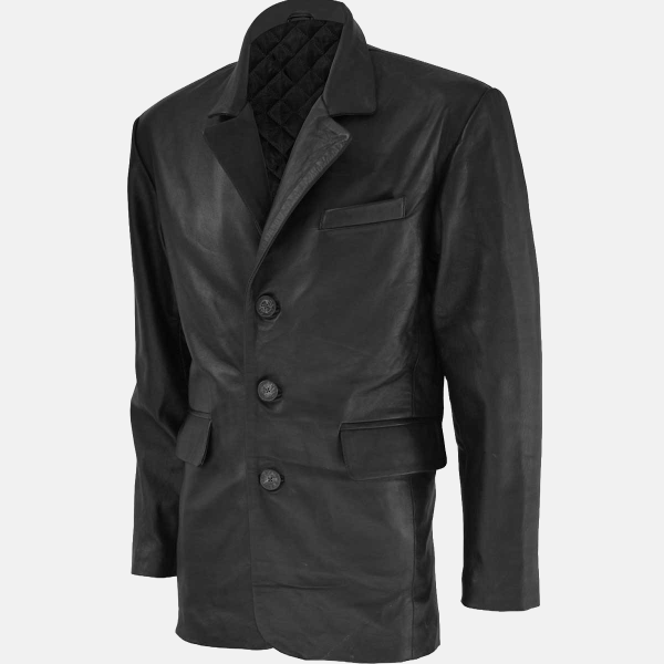 Men's 3 Button Black Leather Blazer