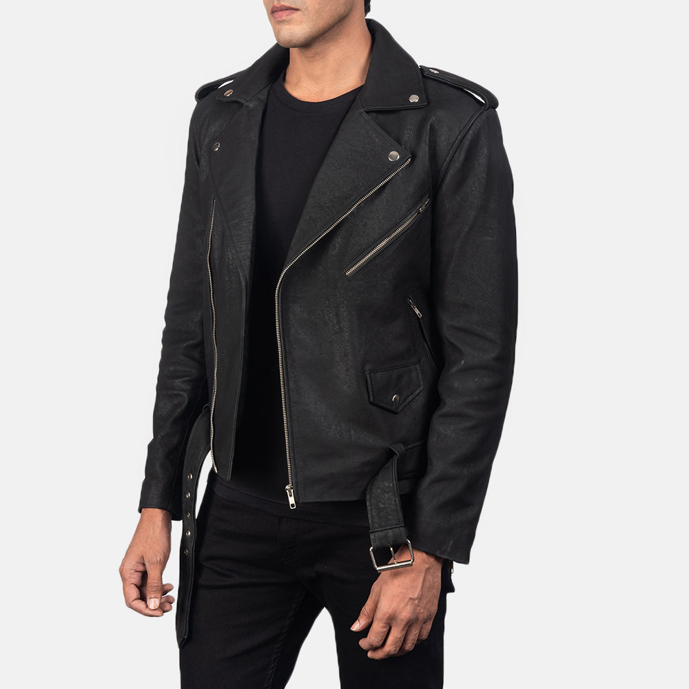 Men's Allaric Alley Distressed Black Leather Biker Jacket
