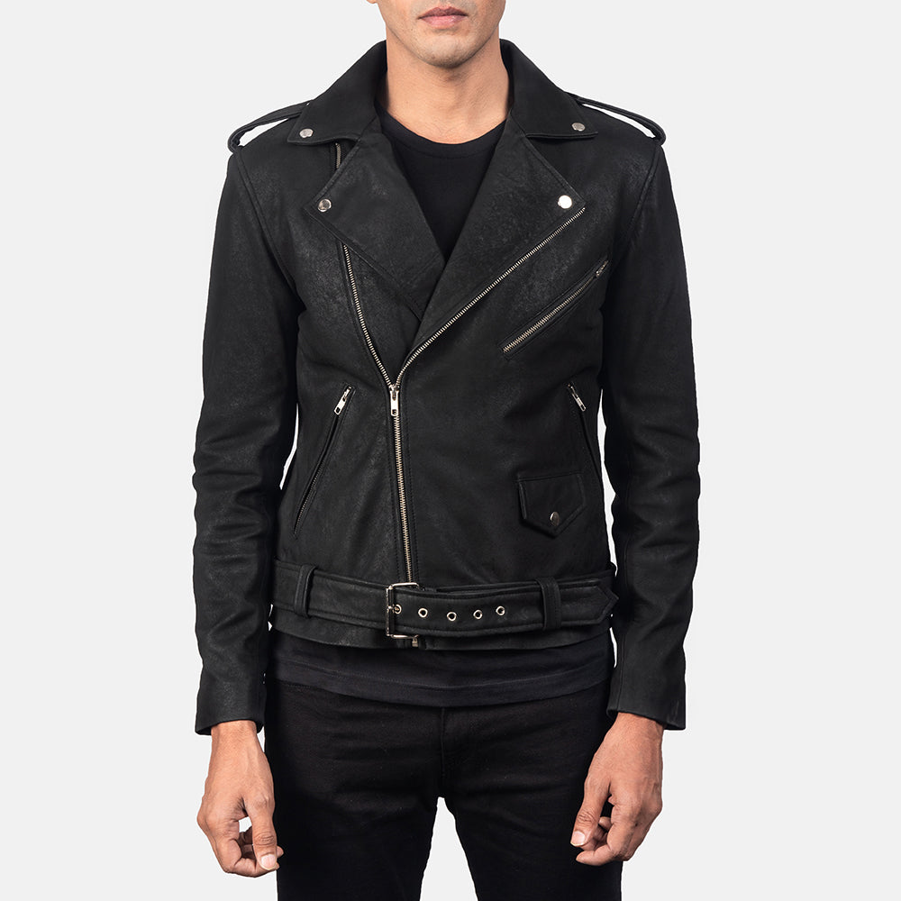 Men's Allaric Alley Distressed Black Leather Biker Jacket
