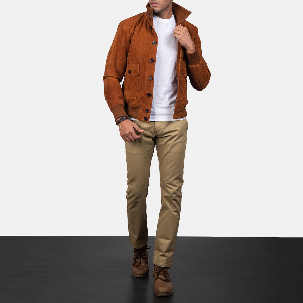 Men's Eaton Brown Suede Leather Bomber Jacket
