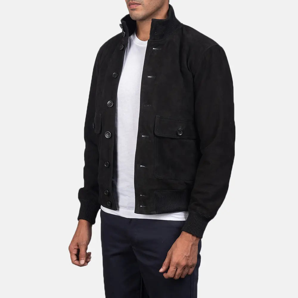 Men's Eaton Black Suede Leather Bomber Jacket