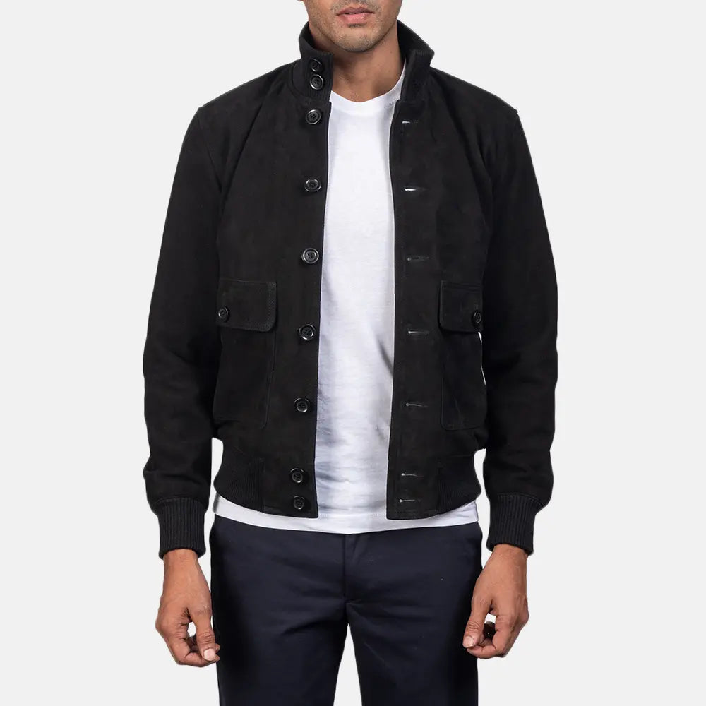 Men's Eaton Black Suede Leather Bomber Jacket