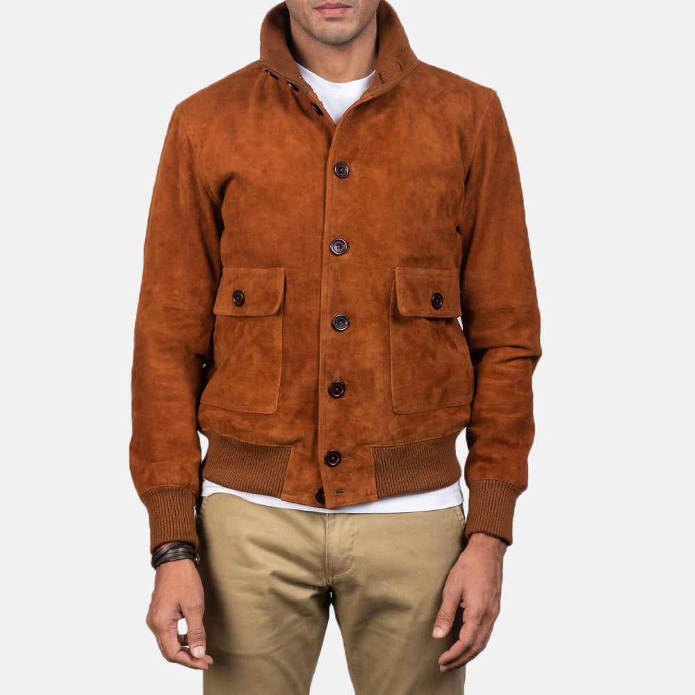 Men's Eaton Brown Suede Leather Bomber Jacket
