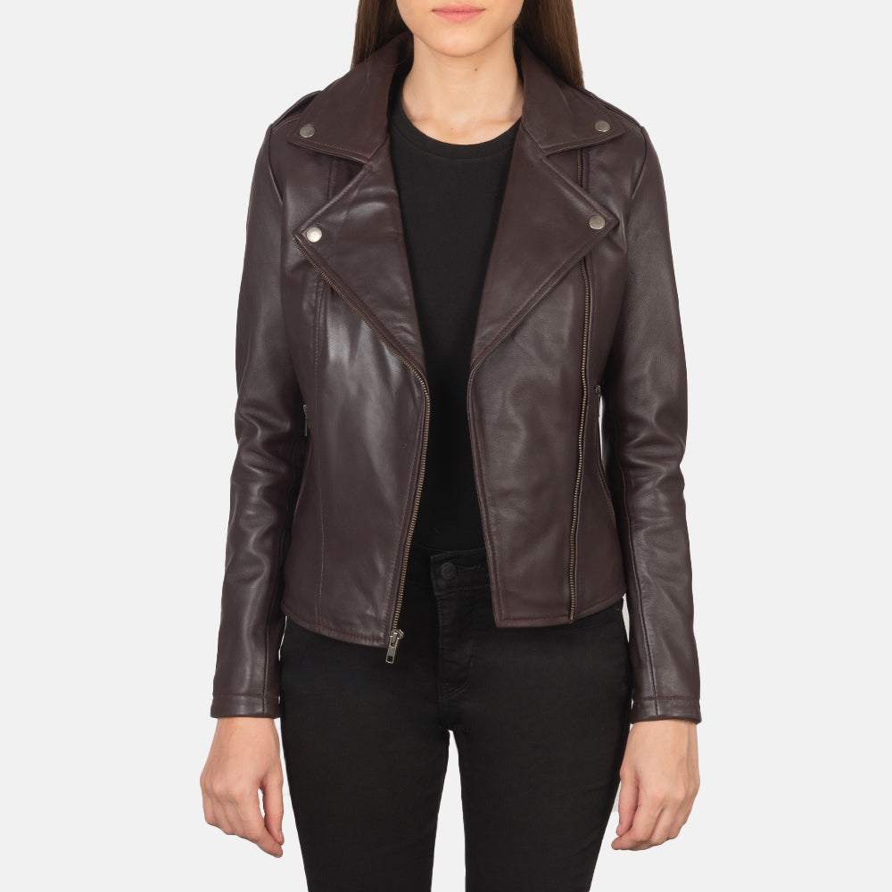 Women's Flashback Maroon Leather Biker Jacket
