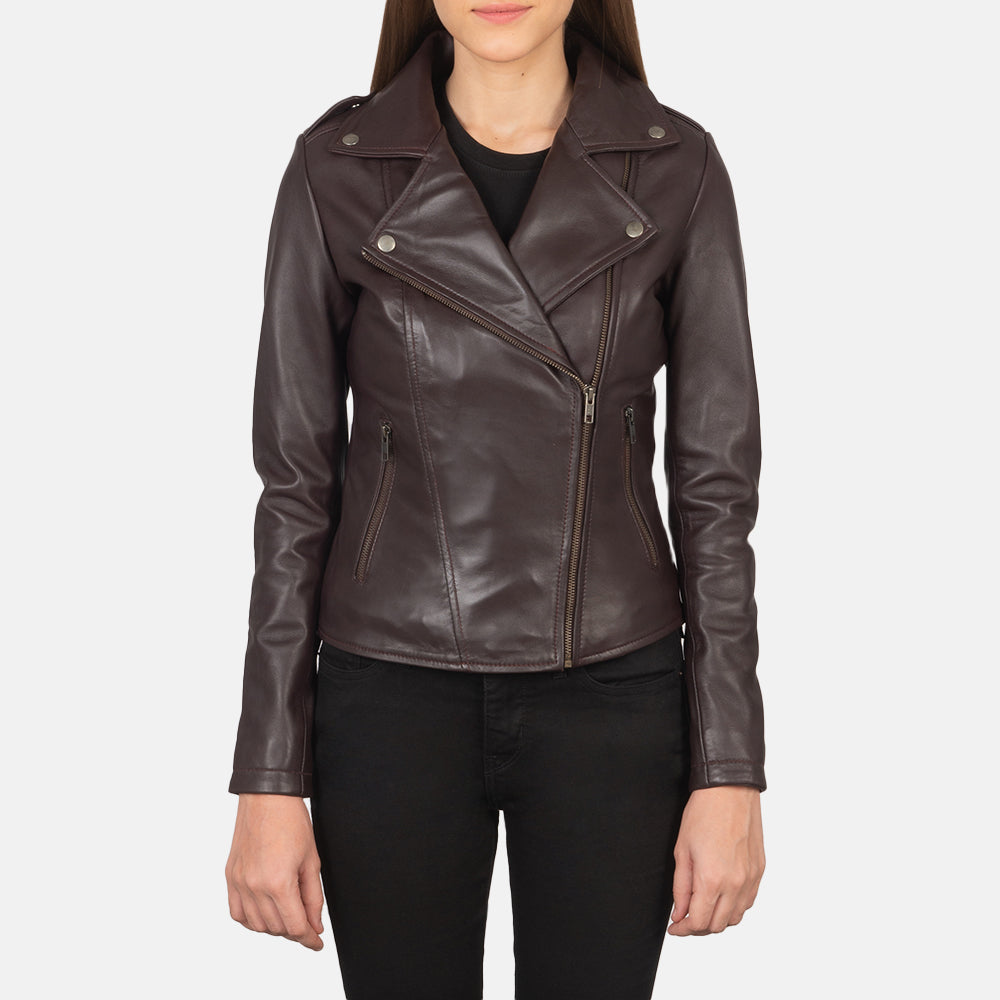 Women's Flashback Maroon Leather Biker Jacket