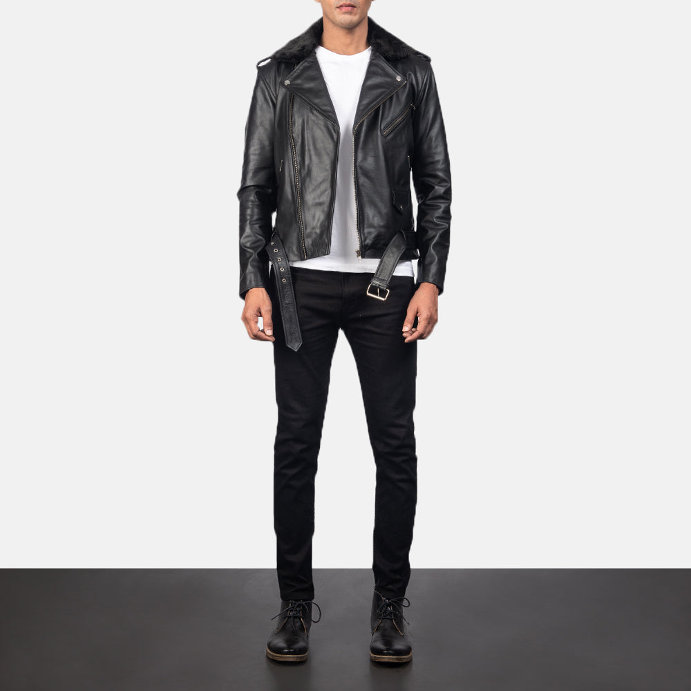 Men's Furton Fur Collar Black Leather Biker Jacket