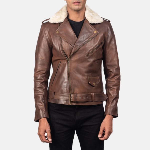 Men's Furton Fur Collar Brown Sheepskin Leather Biker Jacket
