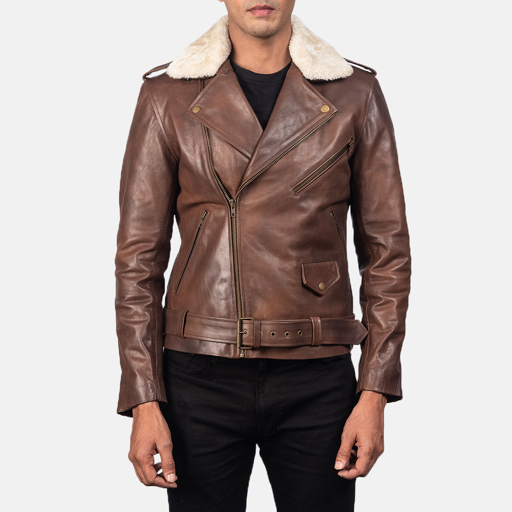 Men's Furton Fur Collar Brown Sheepskin Leather Biker Jacket