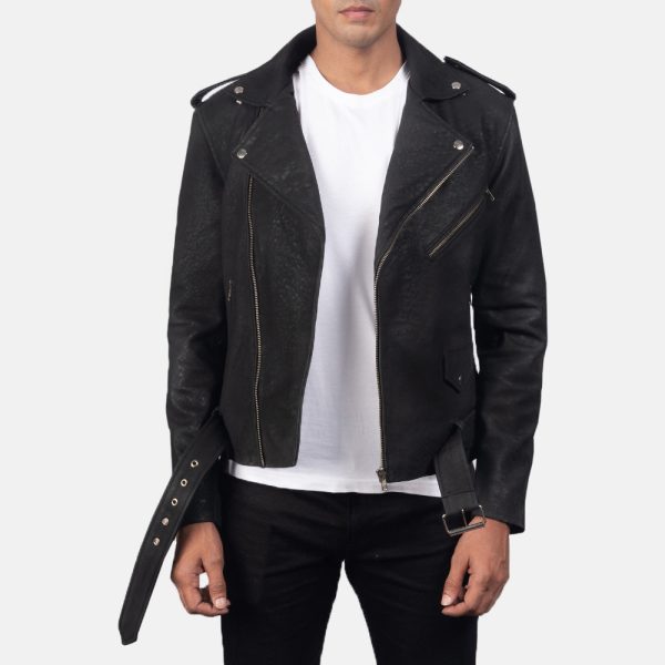 Men's Furton Cross Zipper Distressed Black Leather Biker Jacket