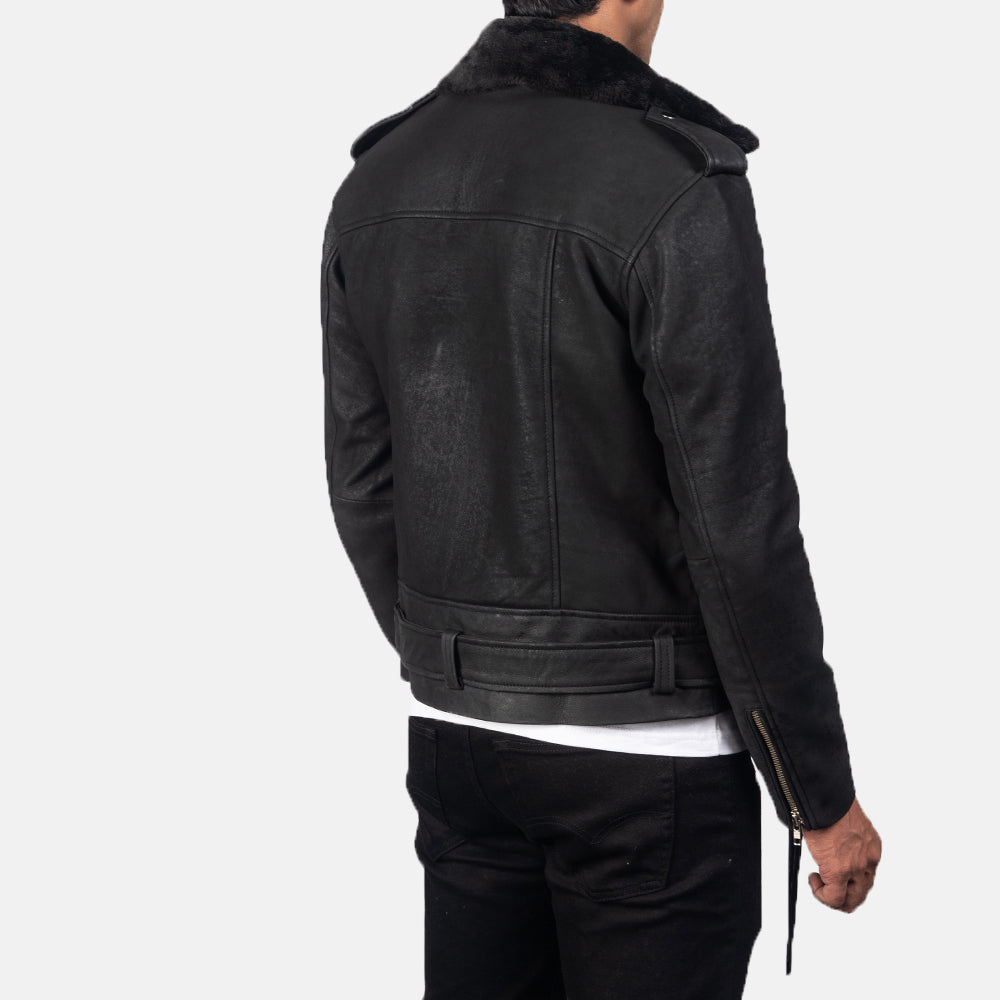 Men's Furton Cross Zipper Distressed Black Leather Biker Jacket