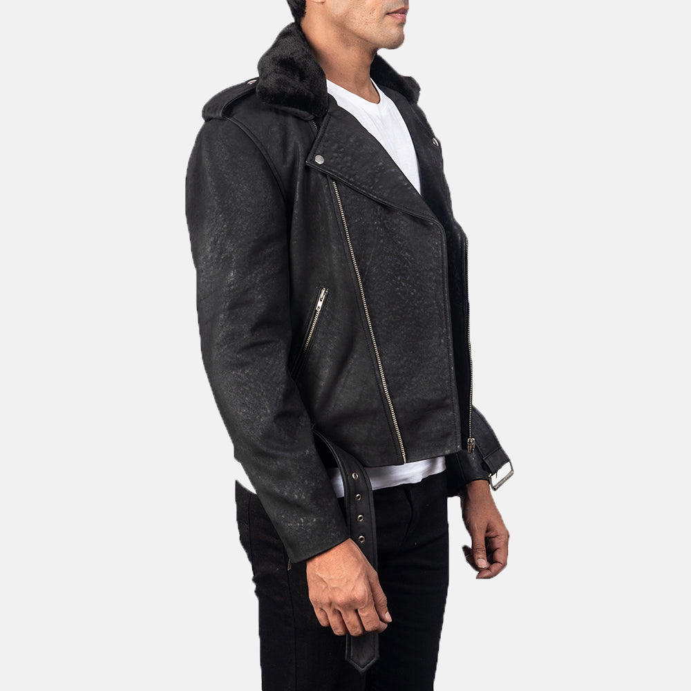 Men's Furton Cross Zipper Distressed Black Leather Biker Jacket