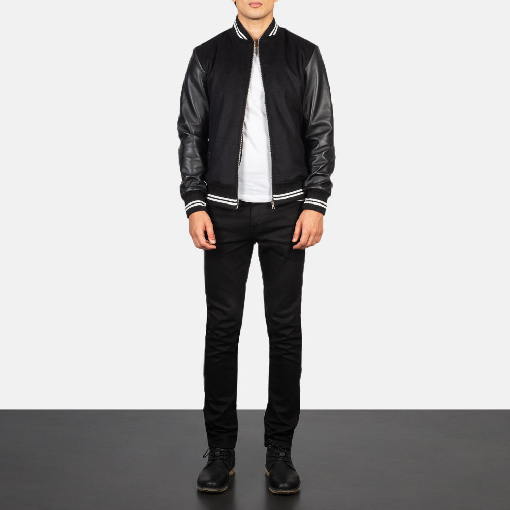 Men's Harrison Black Leather & Wool Varsity Bomber Jacket