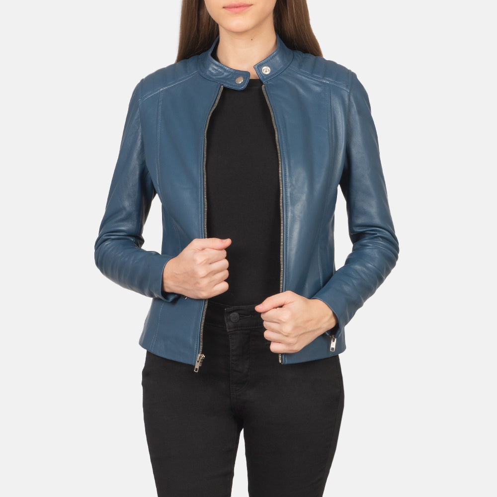 Women's Kelsee Blue Leather Biker Jacket