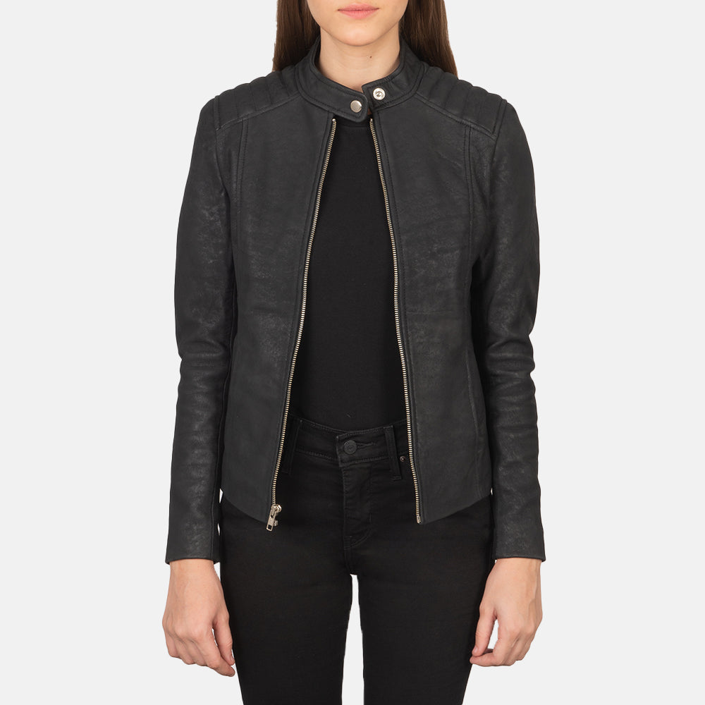 Women's Kelsee Distressed Black Leather Biker Jacket