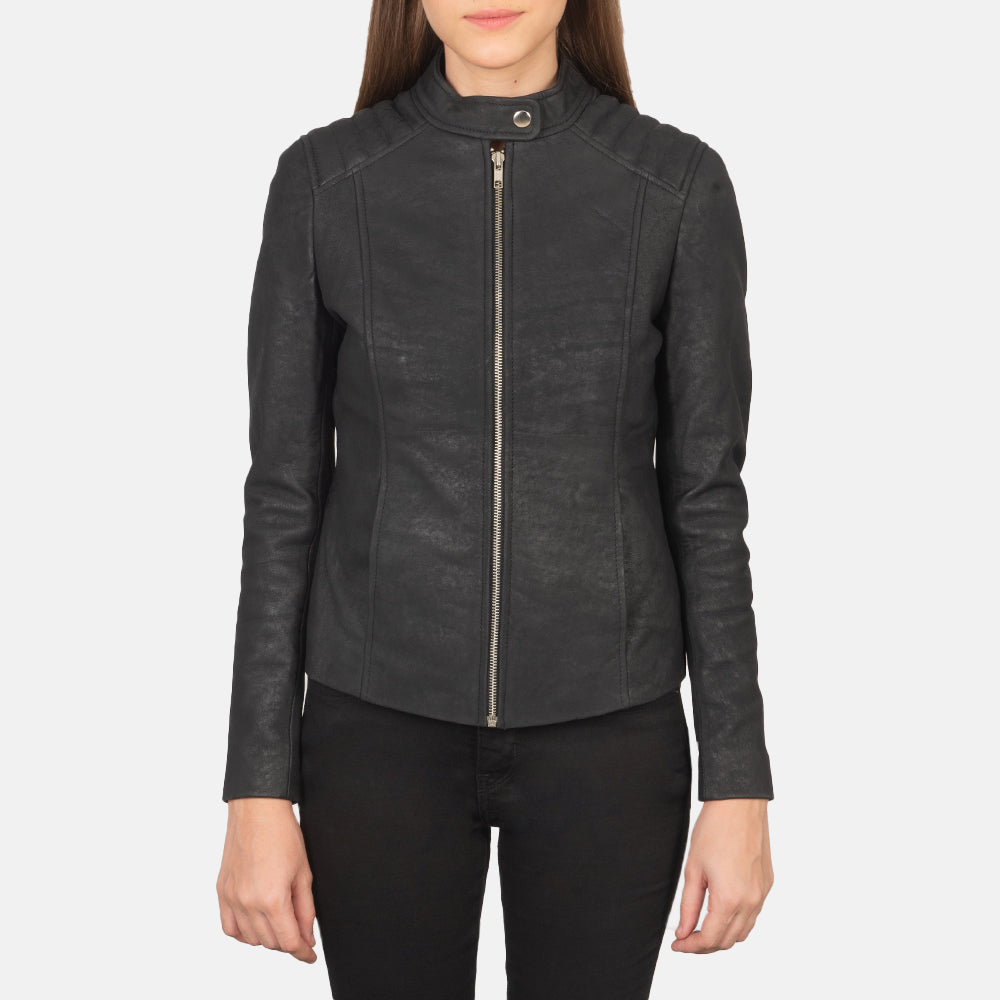 Women's Kelsee Distressed Black Leather Biker Jacket