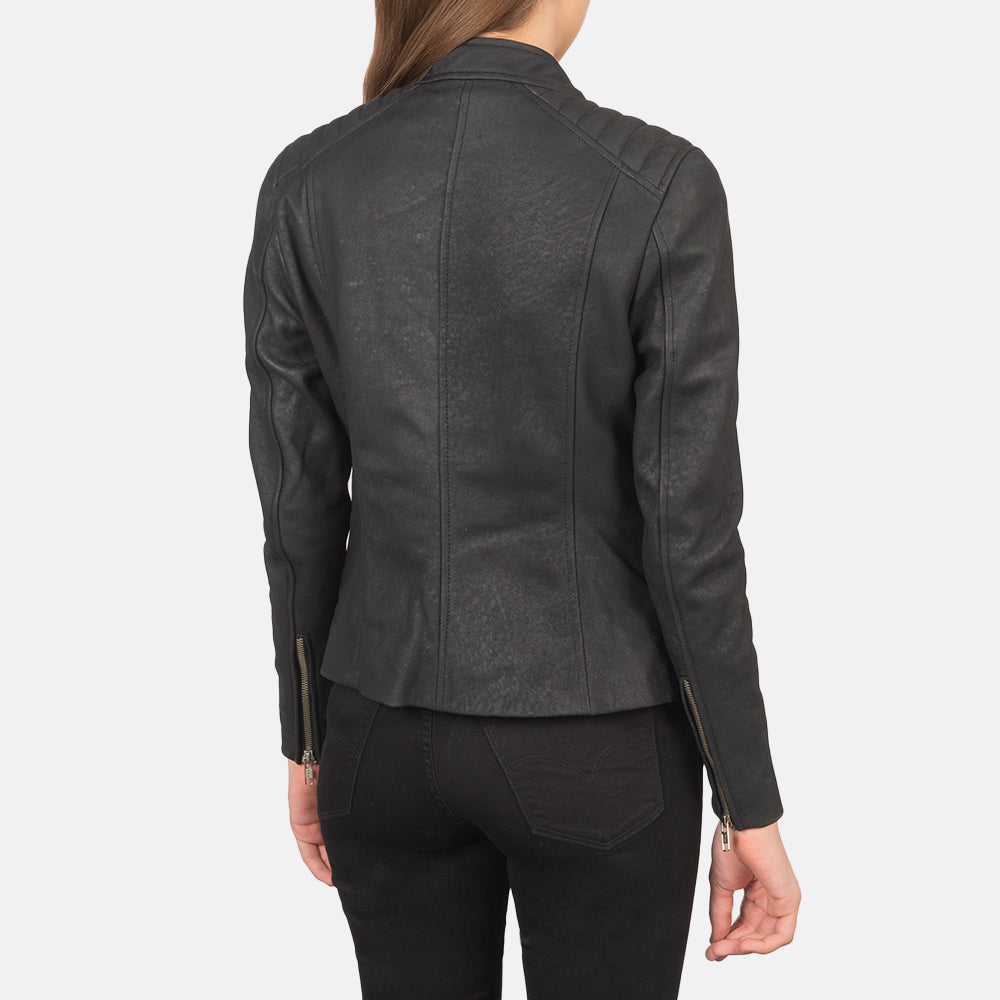 Women's Kelsee Distressed Black Leather Biker Jacket