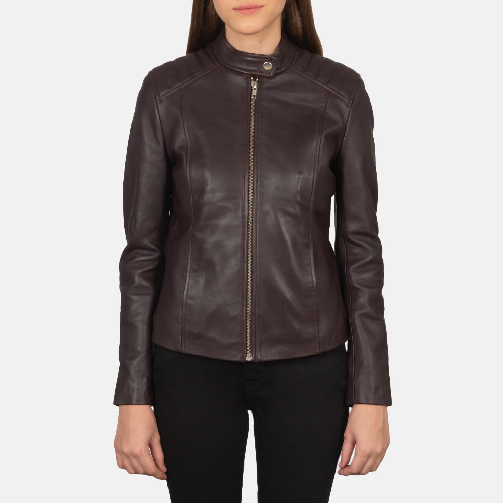 Women's Kelsee Maroon Leather Biker Jacket