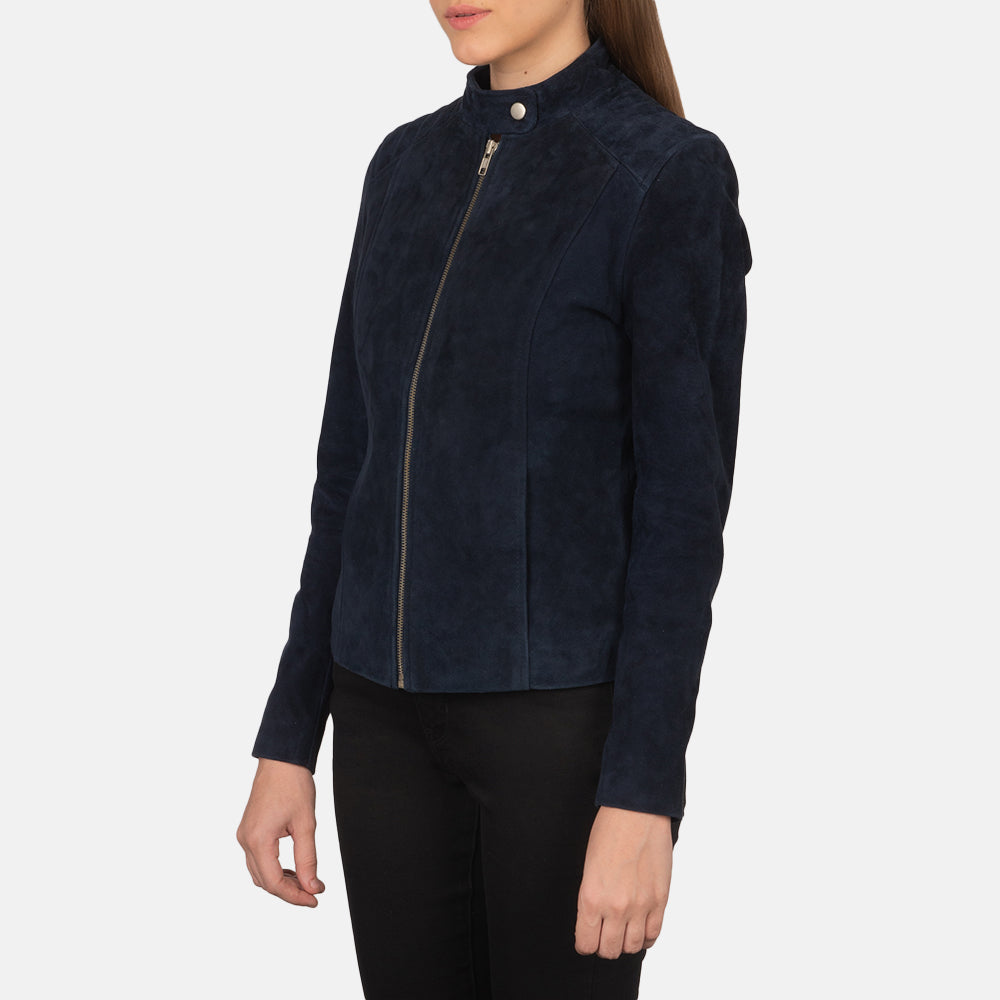 Women's Kelsee Navy Blue Suede Leather Biker Jacket
