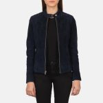 Women's Kelsee Navy Blue Suede Leather Biker Jacket