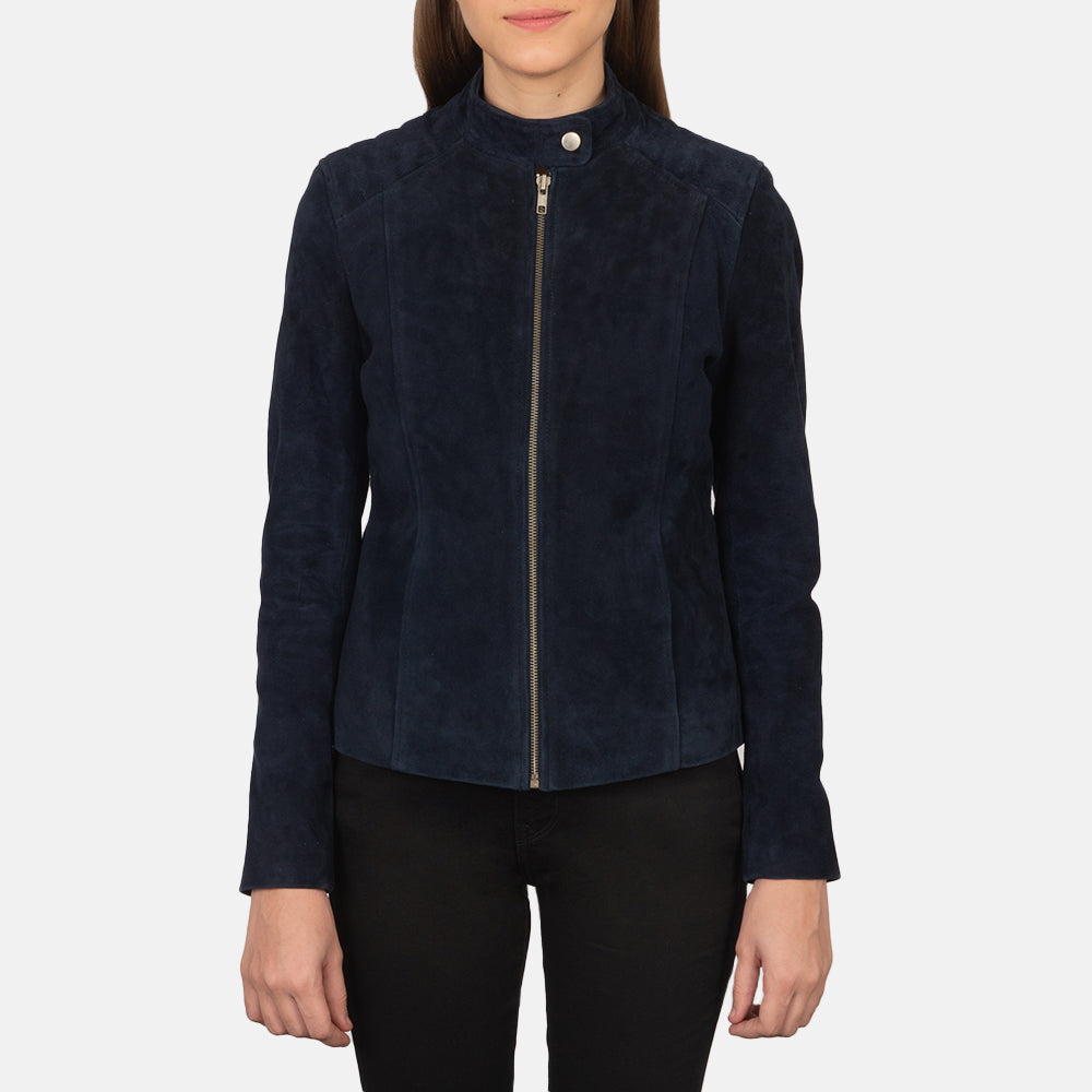 Women's Kelsee Navy Blue Suede Leather Biker Jacket