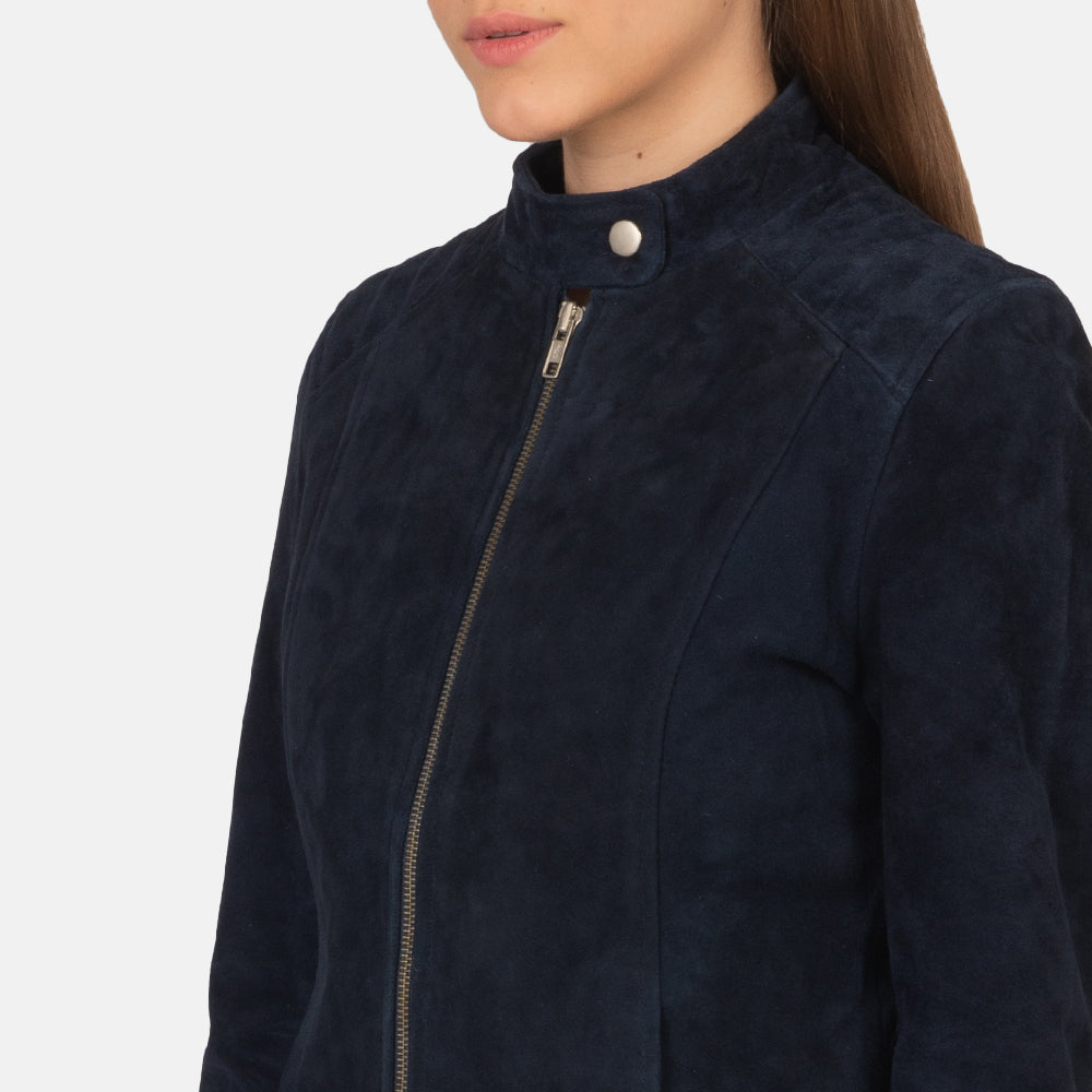 Women's Kelsee Navy Blue Suede Leather Biker Jacket