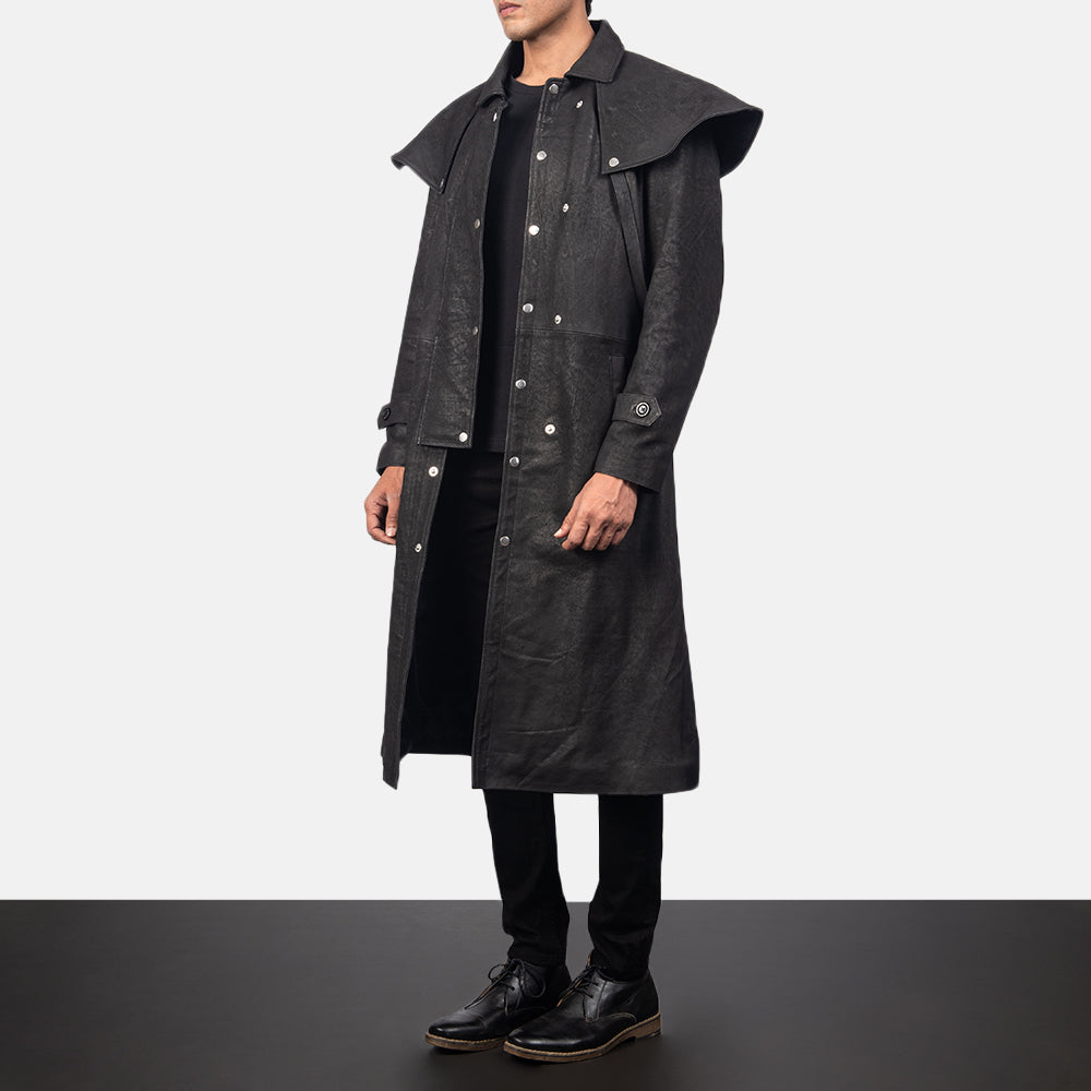 Men's Maverick Black Leather Duster Coat