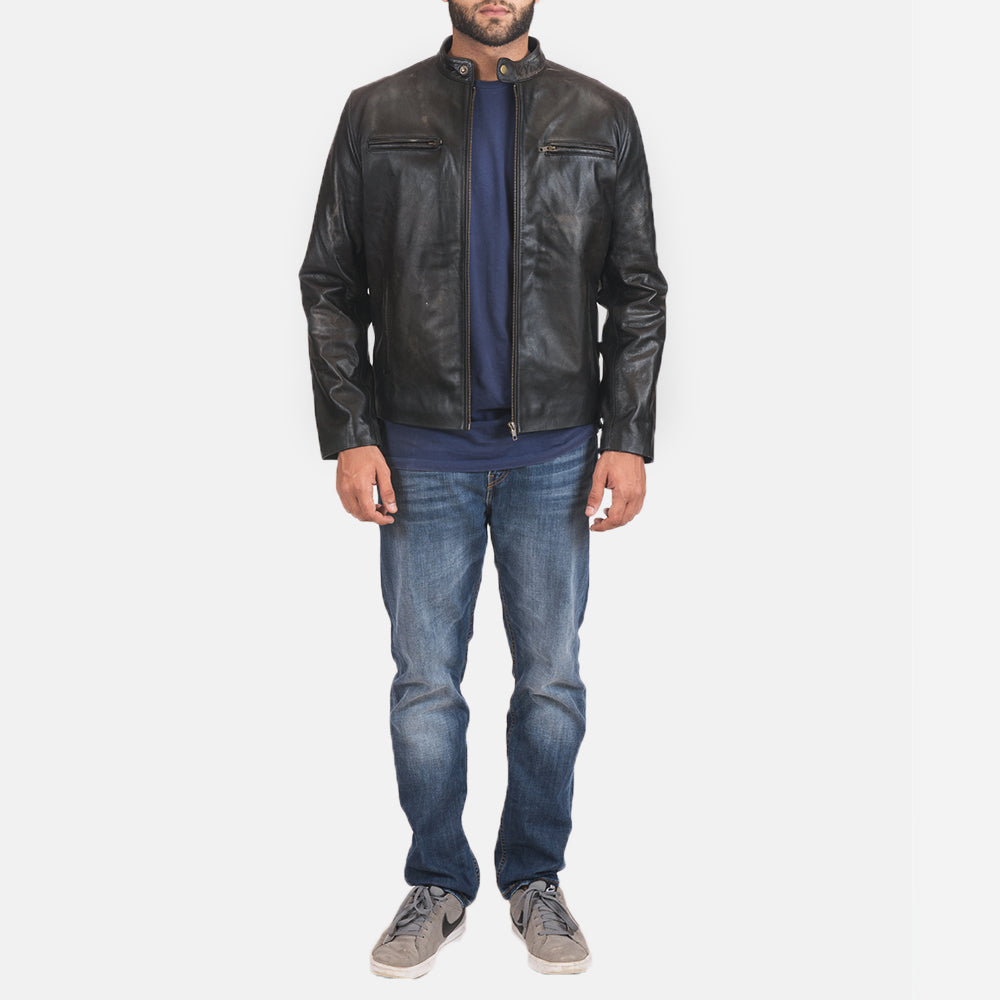Men's Rustic Black Leather Biker Jacket
