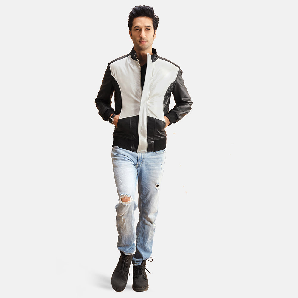 Men's Spade Silver Black Leather Bomber Jacket
