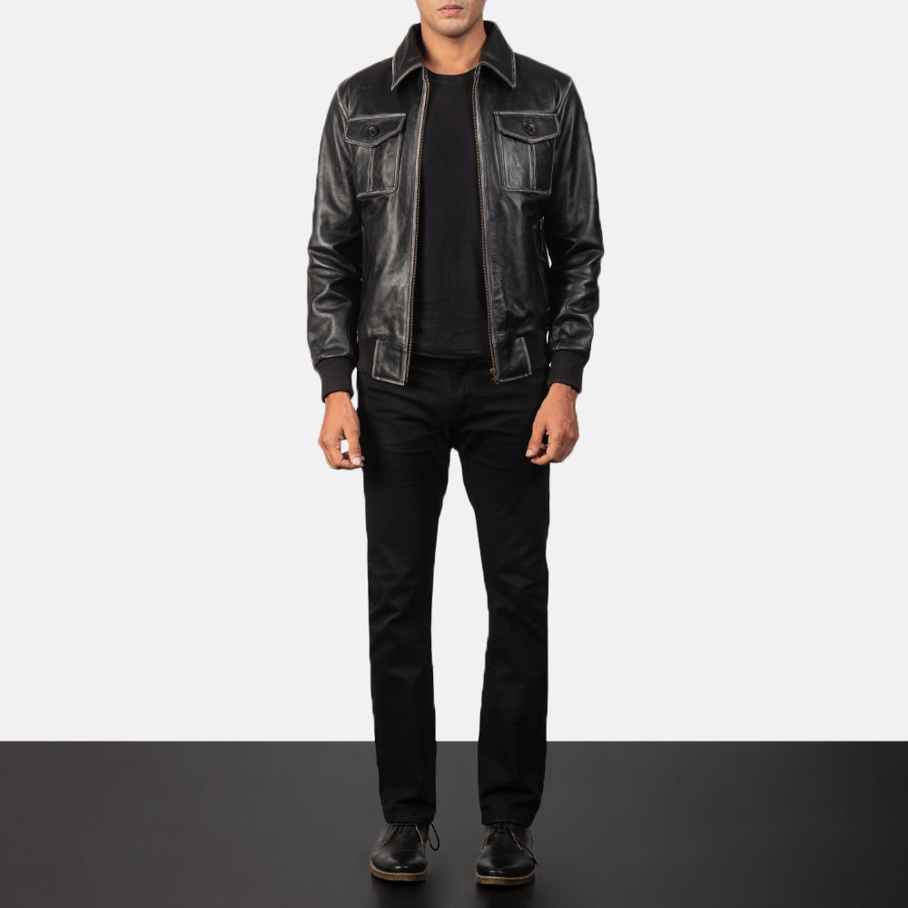 Men's Aaron Black Leather Bomber Jacket