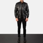 Men's Agent Shadow Black Leather Bomber Jacket