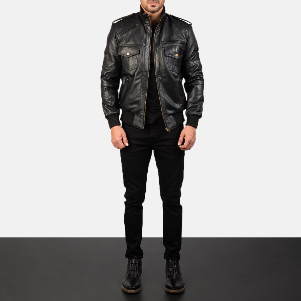 Men's Agent Shadow Black Leather Bomber Jacket