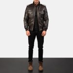 Men's Agent Shadow Brown Leather Bomber Jacket