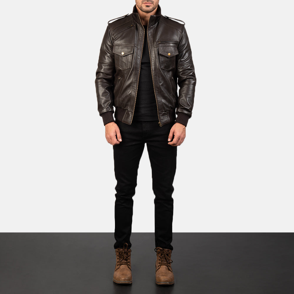 Men's Agent Shadow Brown Leather Bomber Jacket