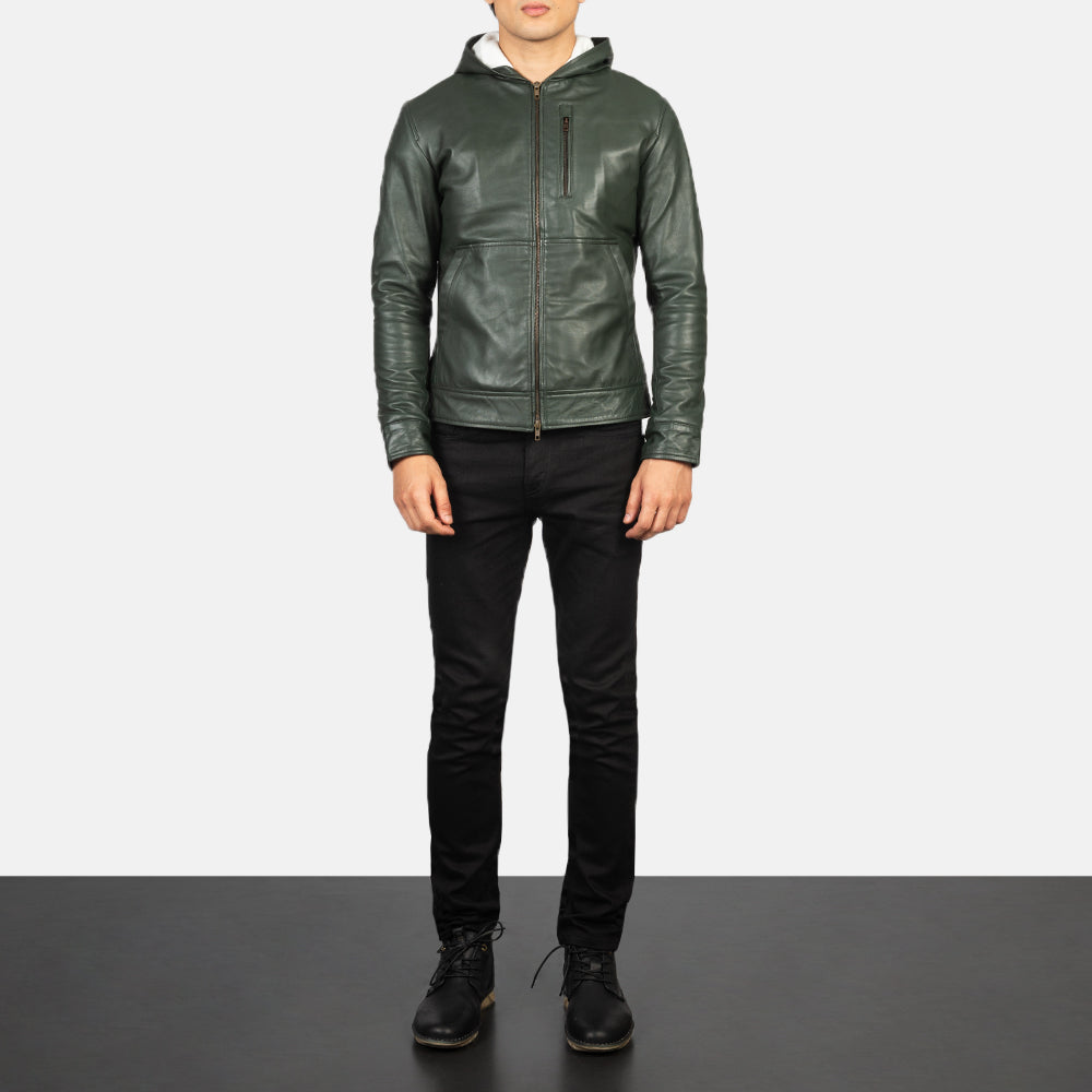 Men's Baston Green Hooded Leather Bomber Jacket
