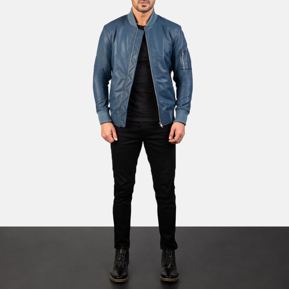 Men's Bomia Ma-1 Blue Leather Bomber Jacket