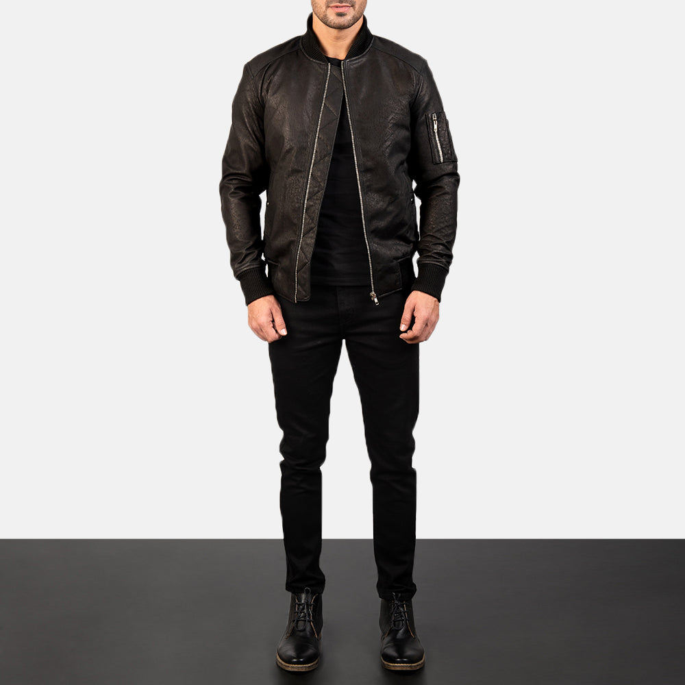 Men's Bomia Ma-1 Distressed Black Leather Bomber Jacket