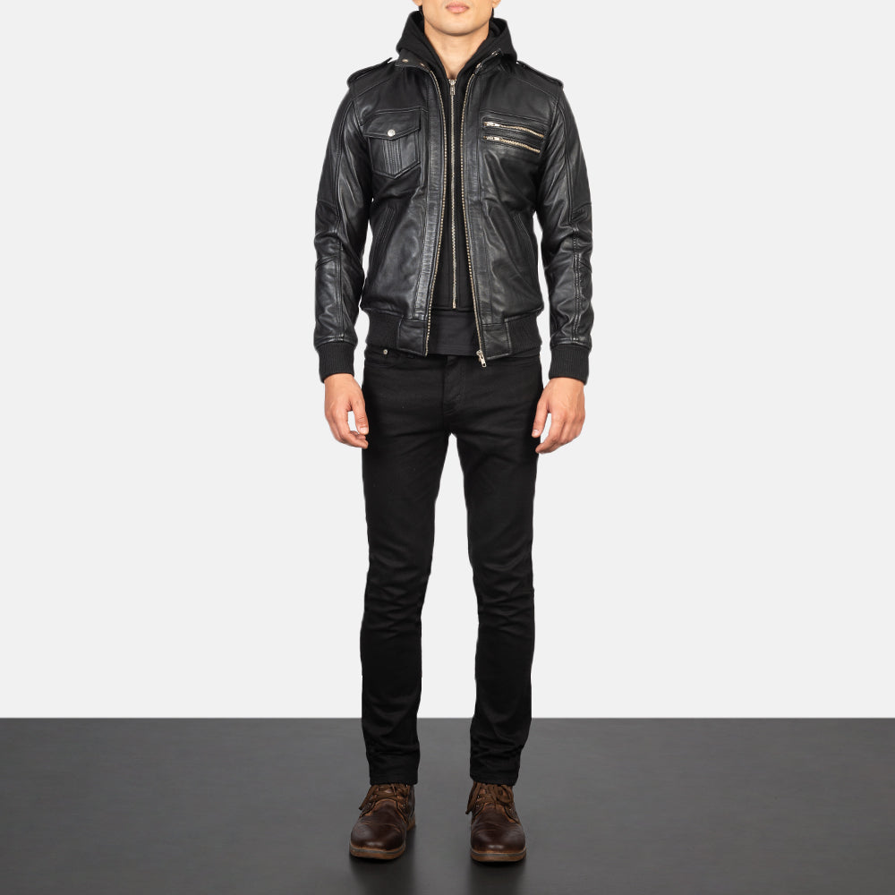 Men's Bravado Black Hooded Leather Bomber Jacket