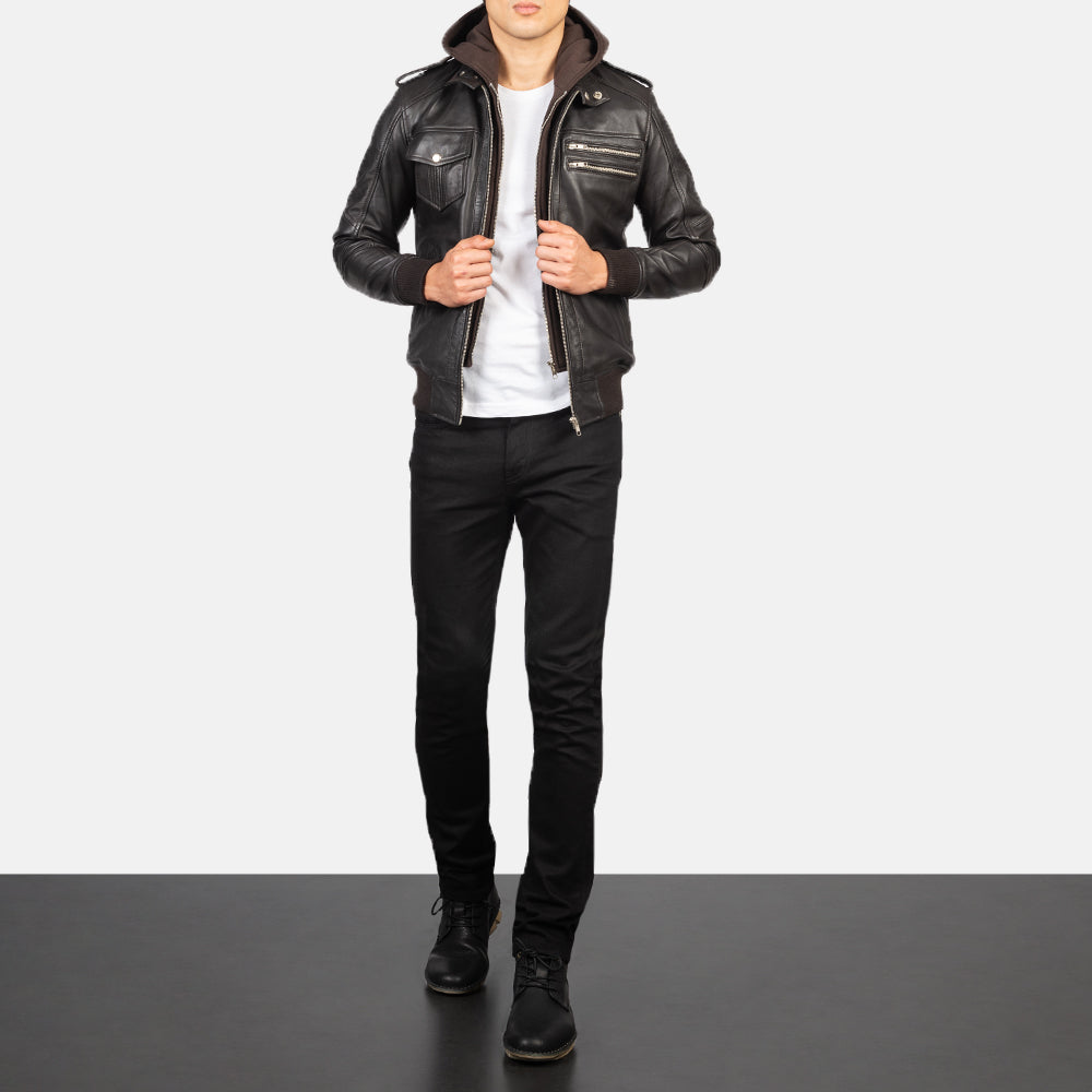 Men's Bravado Brown Hooded Leather Bomber Jacket