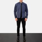 Men's Charcoal Navy Blue Suede Leather Biker Jacket