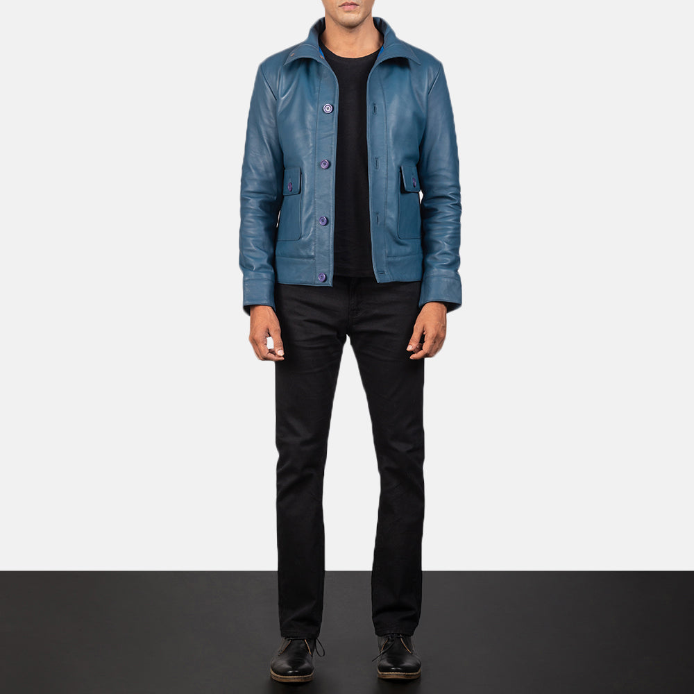 Men's Columbus Blue Leather Bomber Jacket