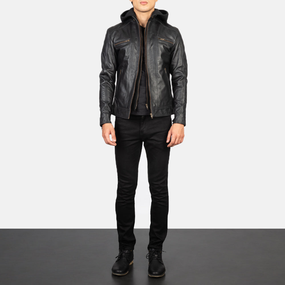 Men's Hector Black Hooded Leather Biker Jacket