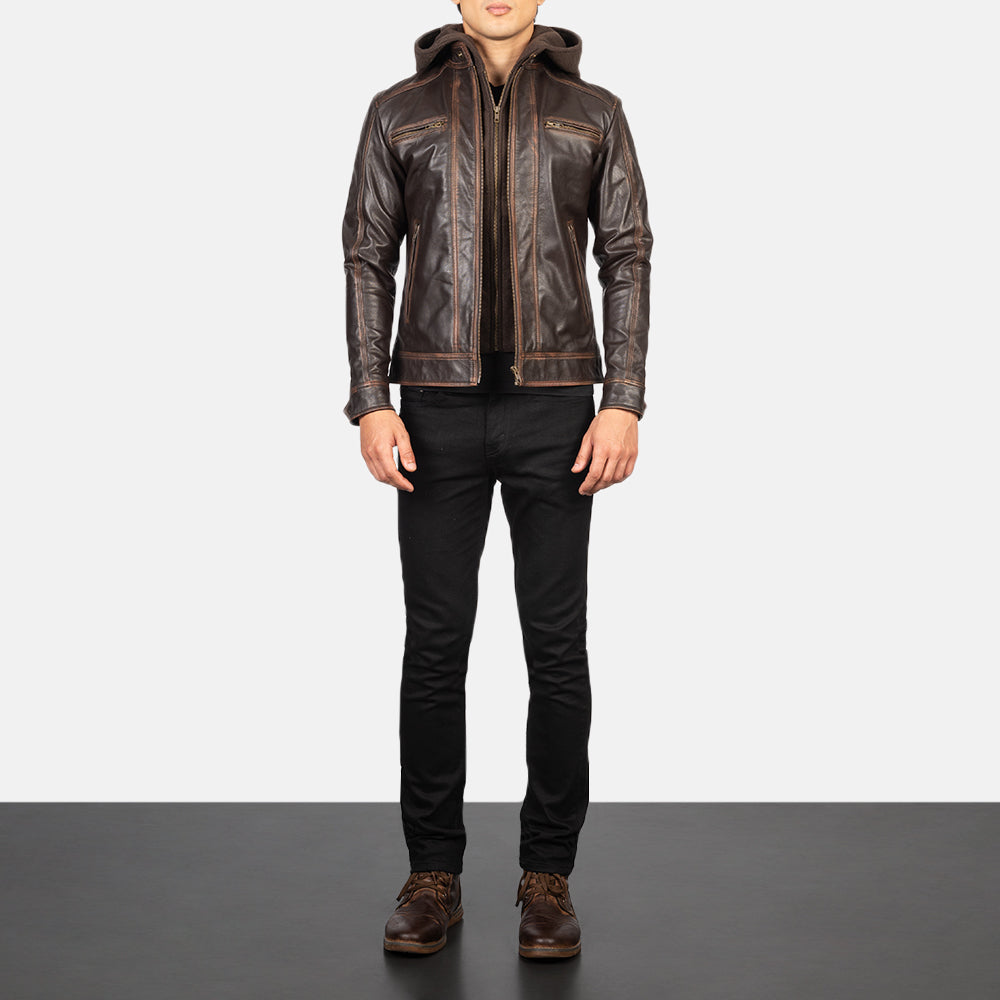 Men's Hector Vintage Brown Hooded Leather Biker Jacket