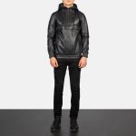 Men's Kenton Hooded Black Leather Pullover Jacket
