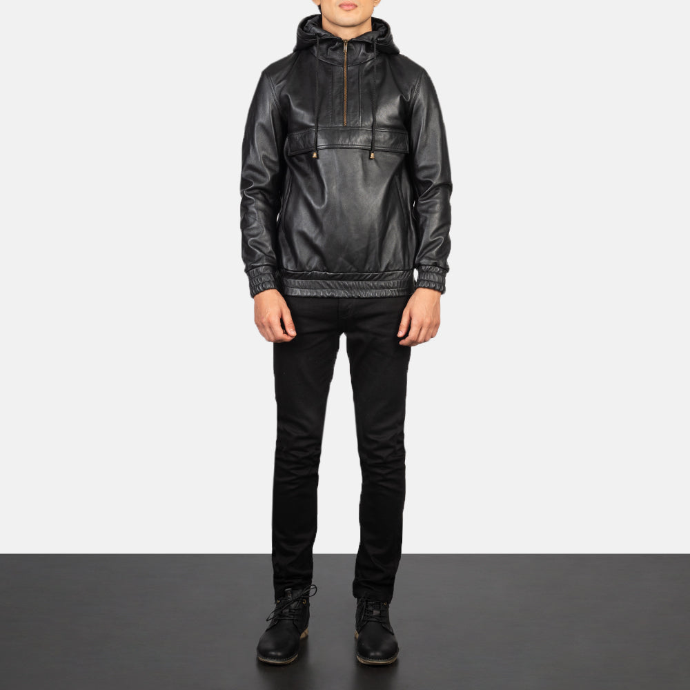 Men's Kenton Hooded Black Leather Pullover Jacket