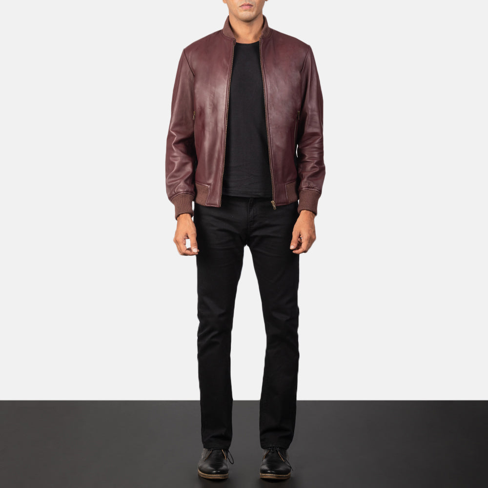 Men's Shane Maroon Leather Bomber Jacket
