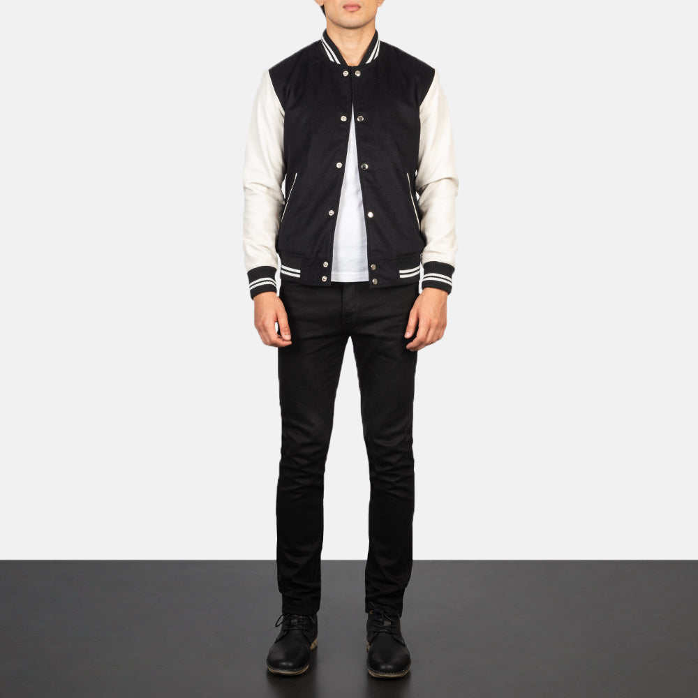 Men's Vaxton Black & White Hybrid Varsity Bomber Jacket
