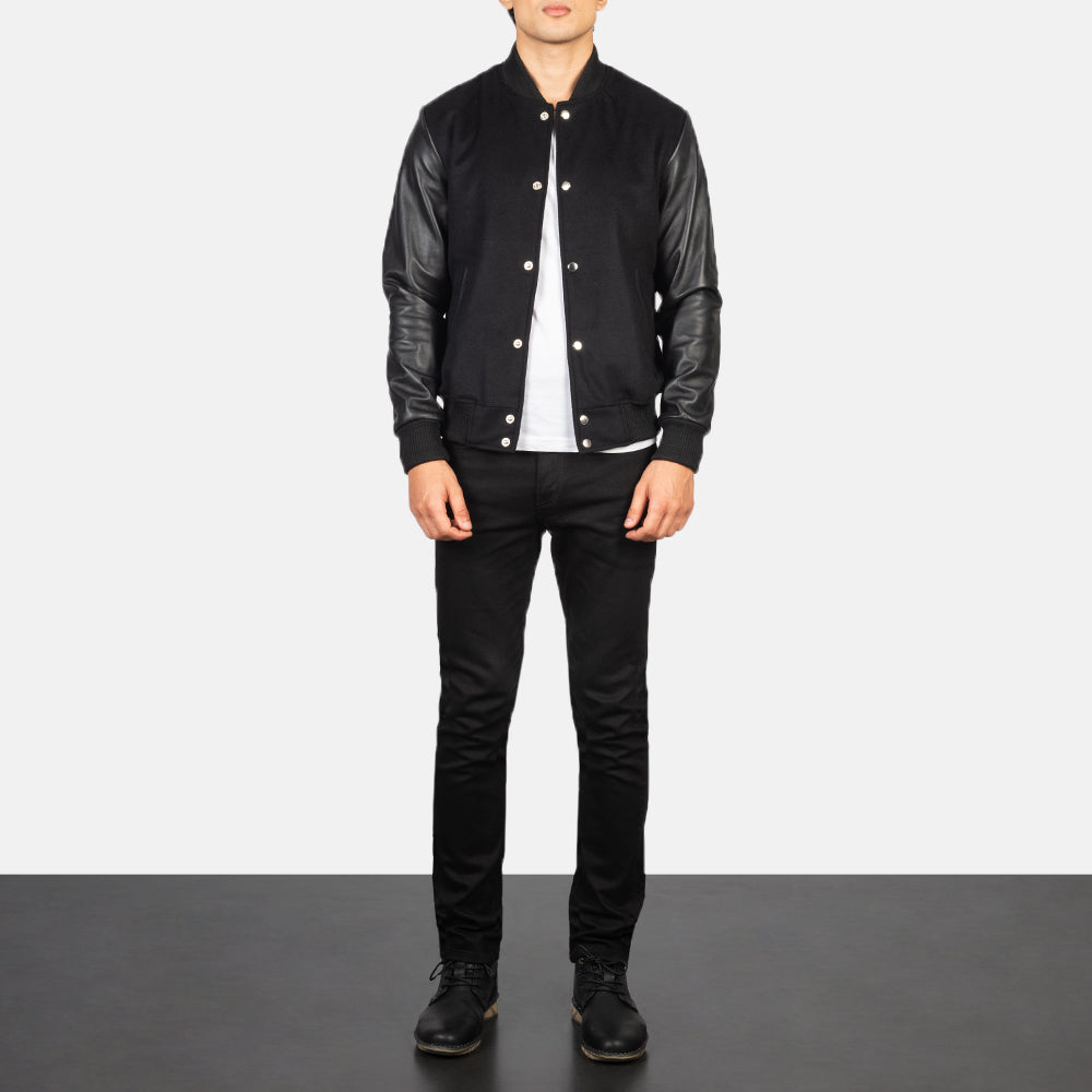 Men's Vaxton Black Hybrid Varsity Bomber Jacket