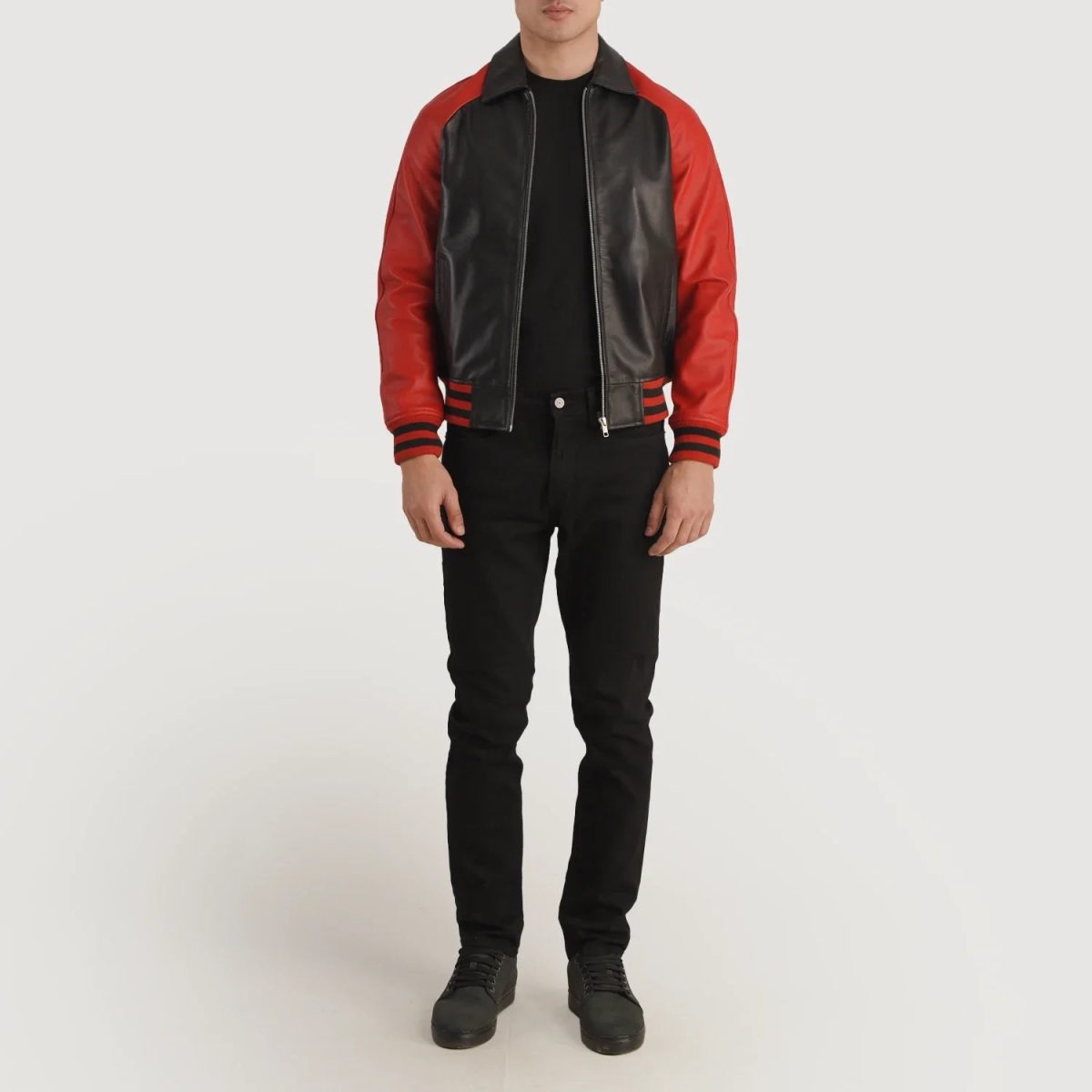 Men's Walton Black & Red Varsity Bomber Leather Jacket
