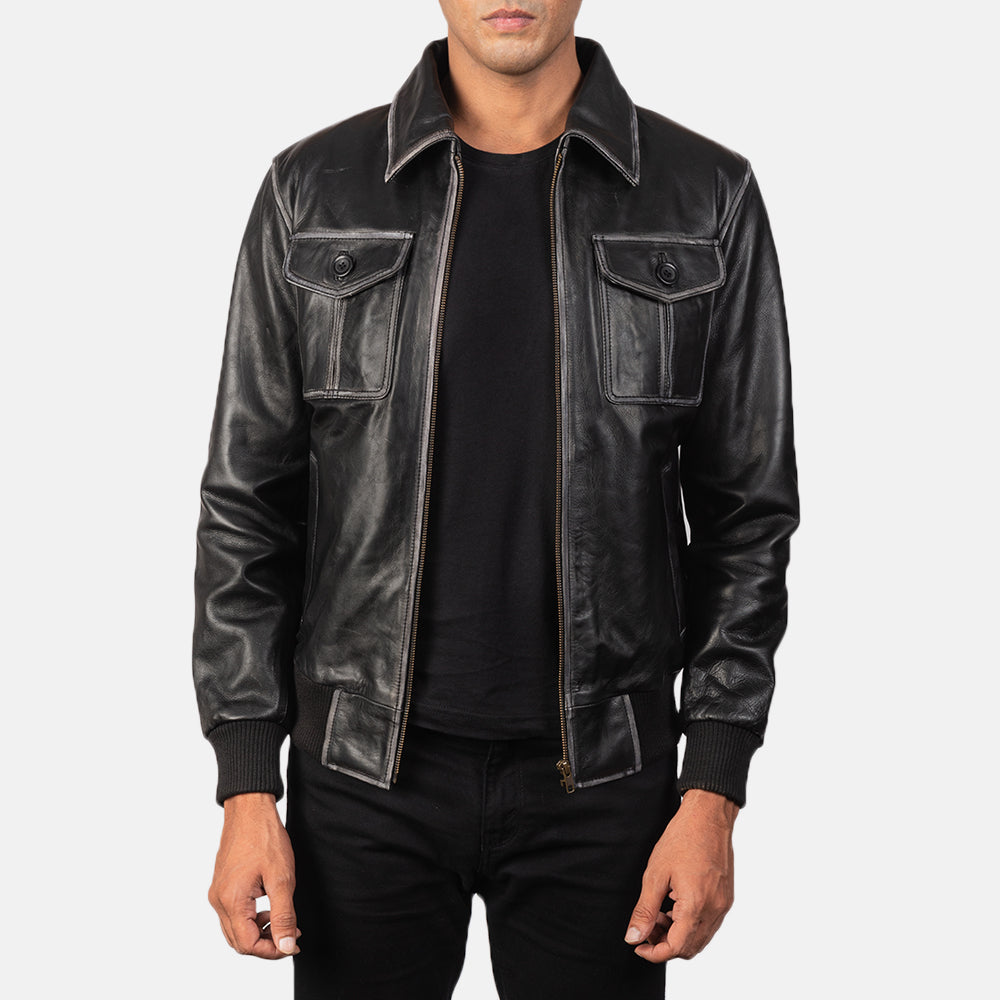 Men's Aaron Black Leather Bomber Jacket