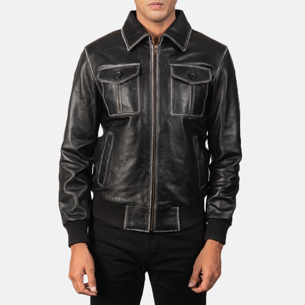 Men's Aaron Black Leather Bomber Jacket